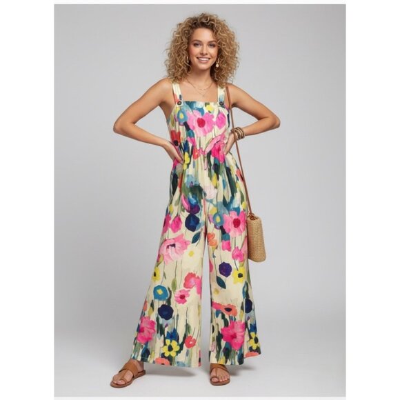 Pants - Boho Floral Print Wide-Leg Jumpsuit